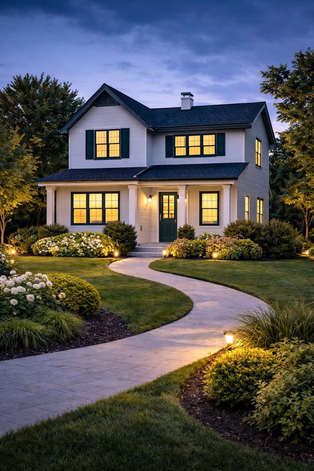 A family home lit up at dusk
