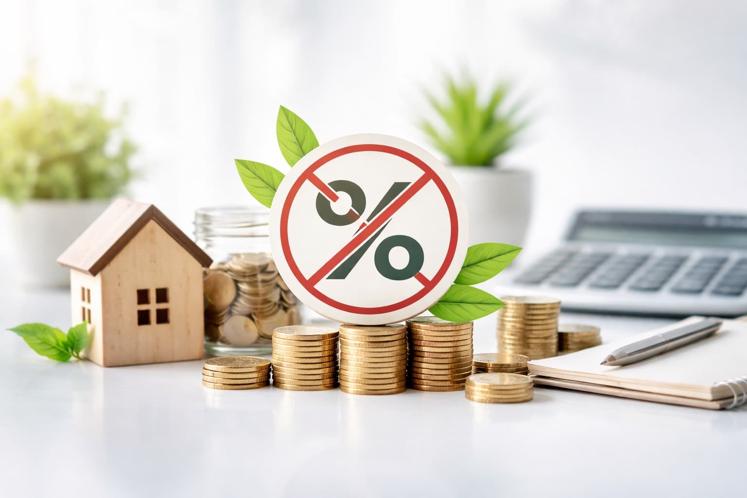 A no-interest symbol beside a model house and stacked coins